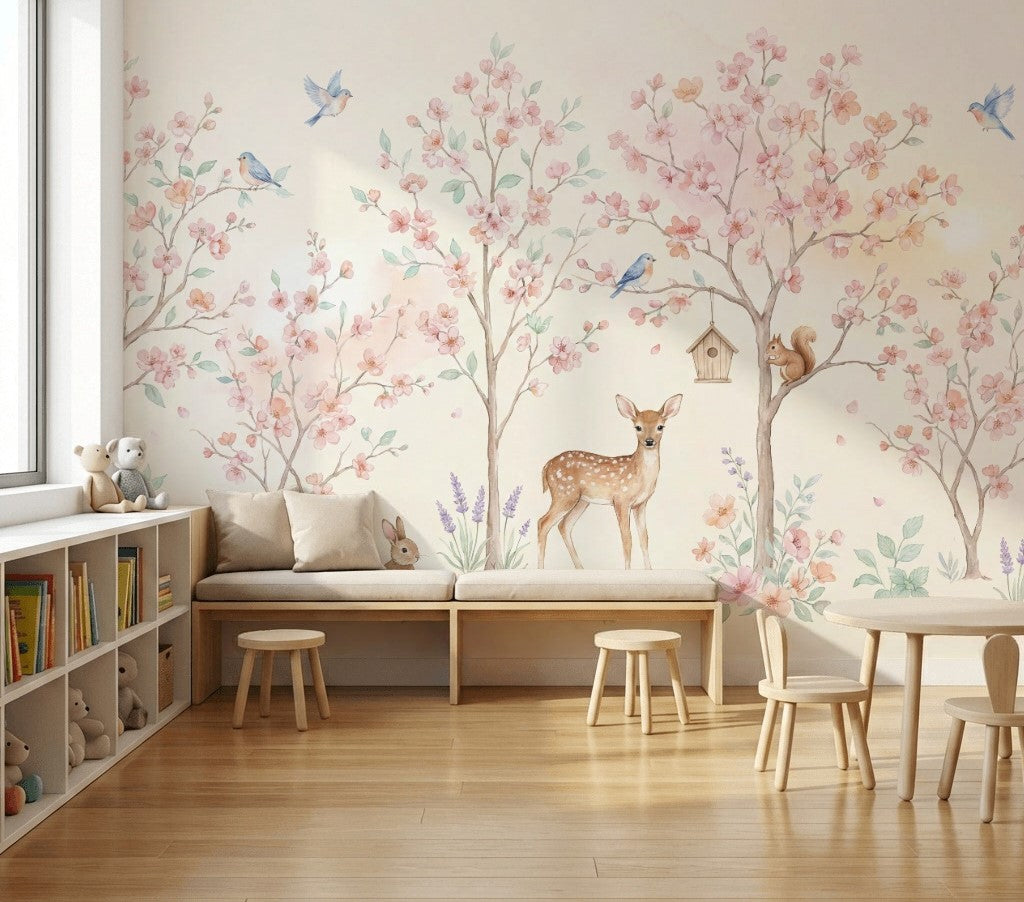 Çiçekli Orman Hayvanlı Poster Duvar Kağıdı Pastel Çocuk Odası