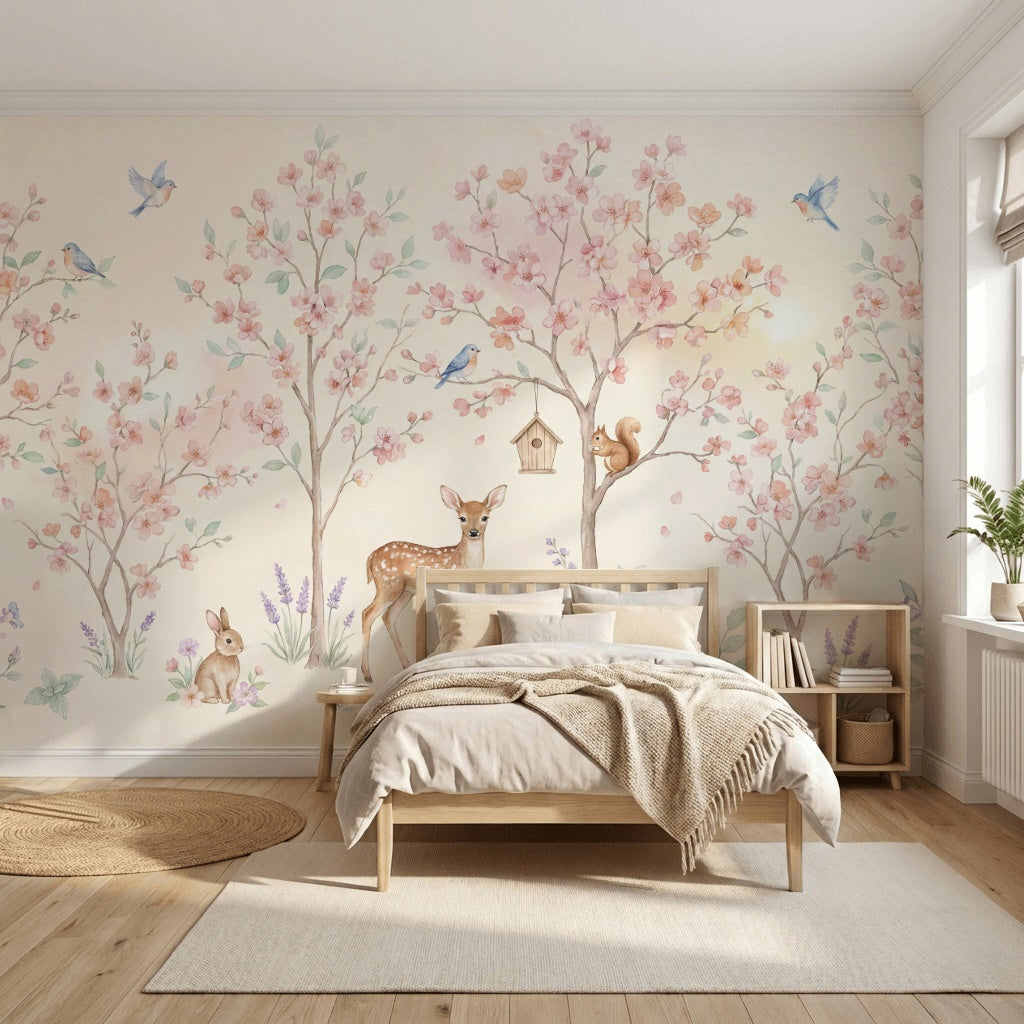 Çiçekli Orman Hayvanlı Poster Duvar Kağıdı Pastel Çocuk Odası