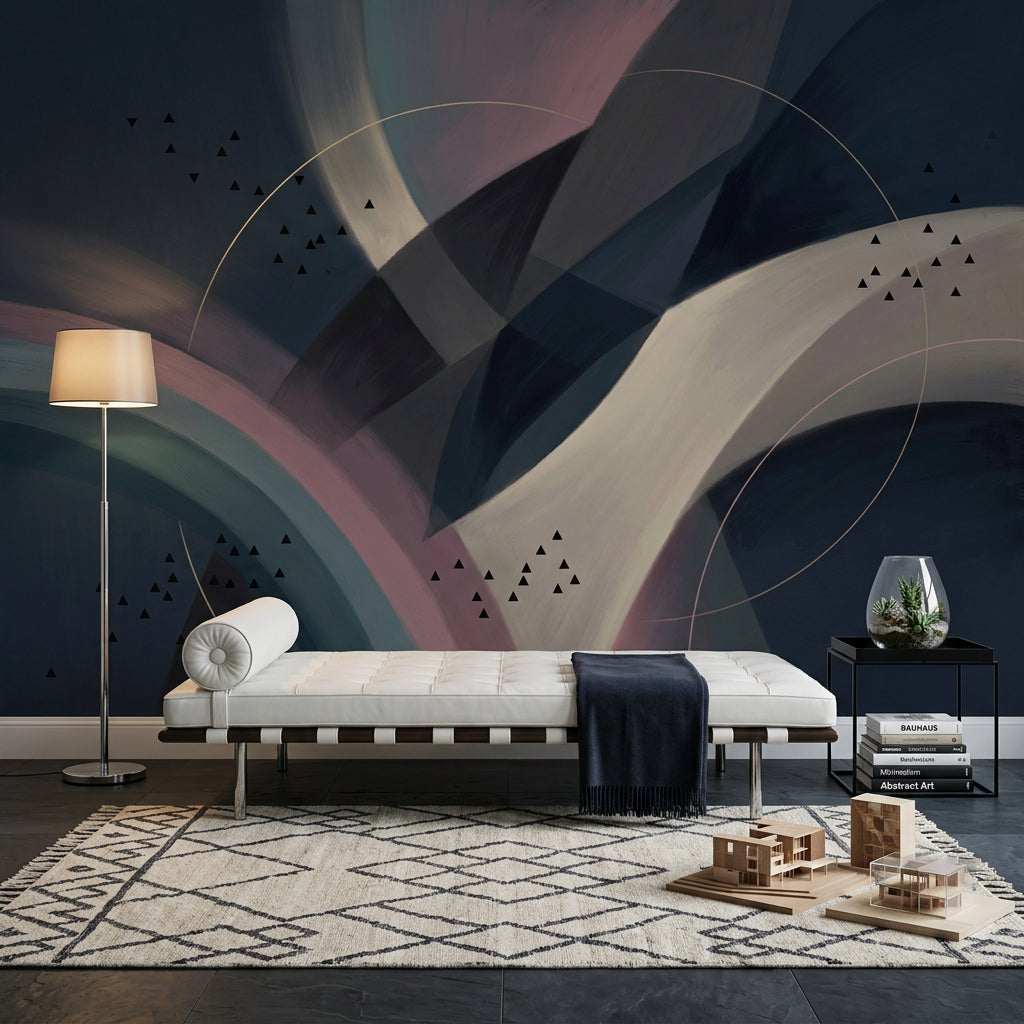 Modern Soyut Geometrik Poster Duvar Kağıdı Lacivert Krem Salon