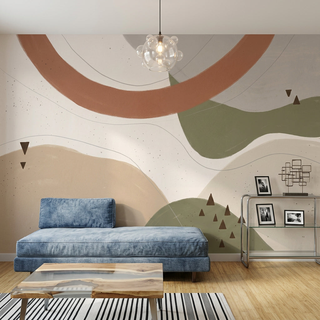 Soyut Dalga Formlu Poster Duvar Kağıdı Bej Yeşil Salon