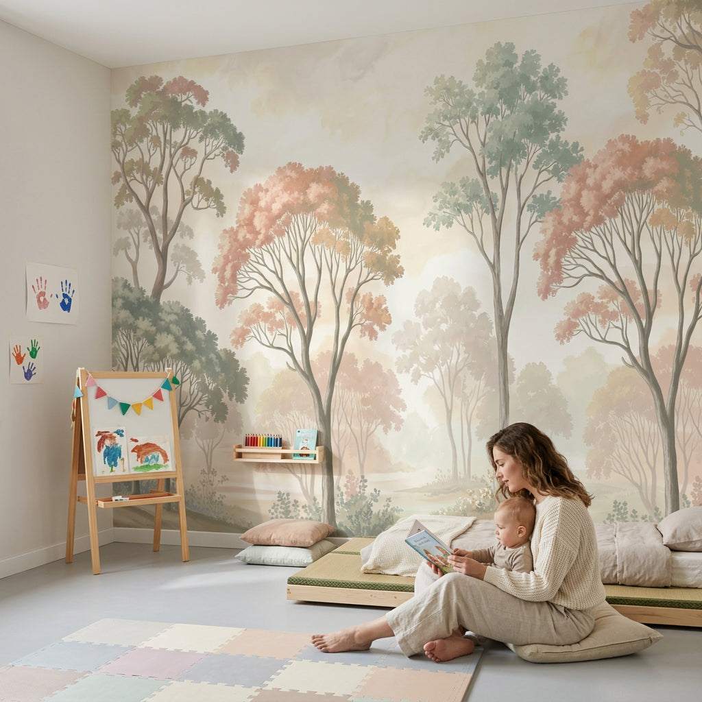 Sisli Orman Manzaralı Poster Duvar Kağıdı Pastel Yeşil