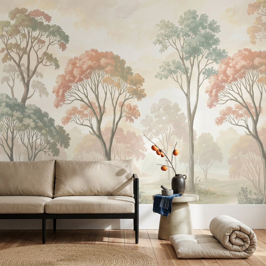 Sisli Orman Manzaralı Poster Duvar Kağıdı Pastel Yeşil