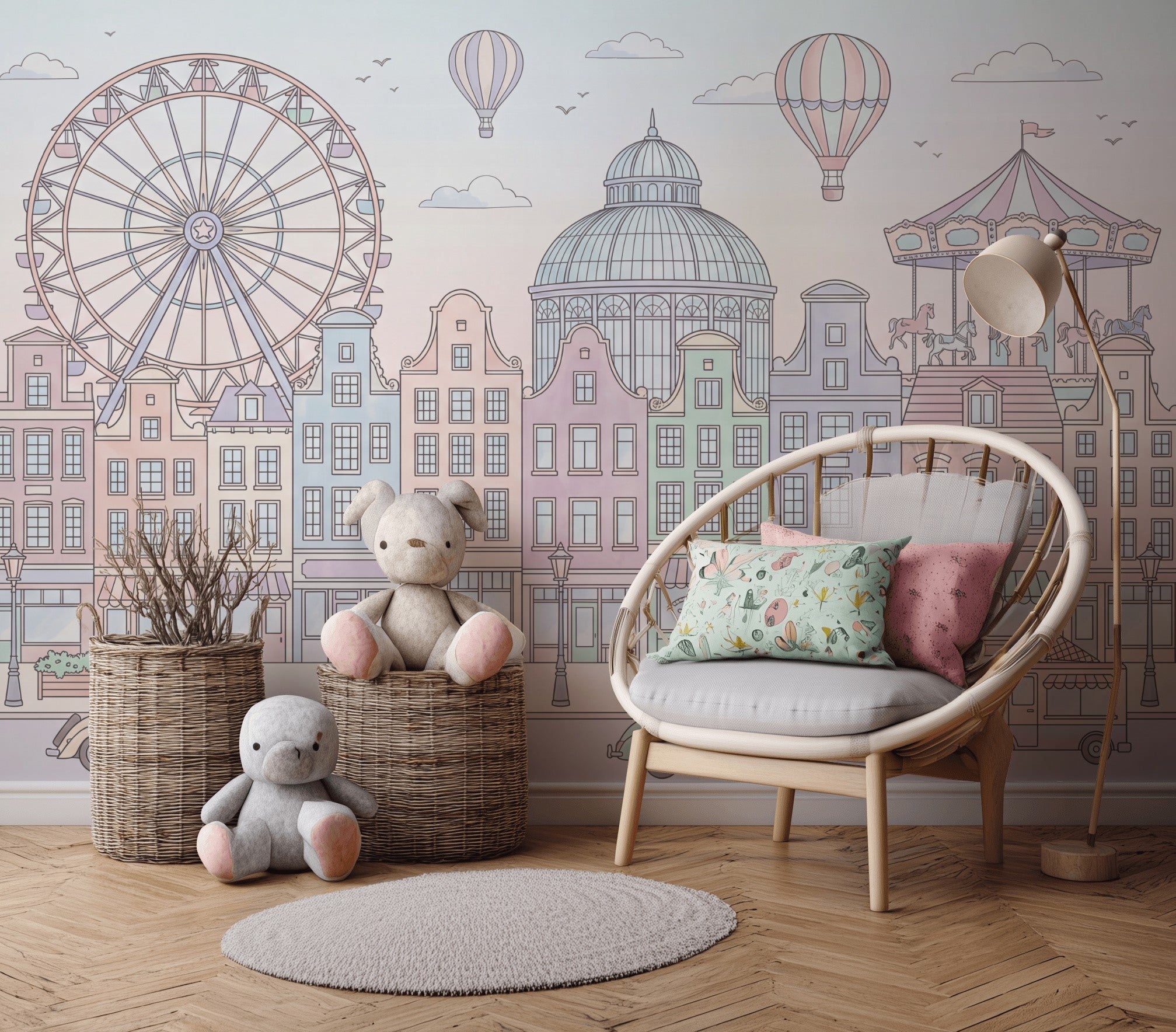 Pastel Şehir Manzaralı Poster Duvar Kağıdı Çocuk Odası Balonlu