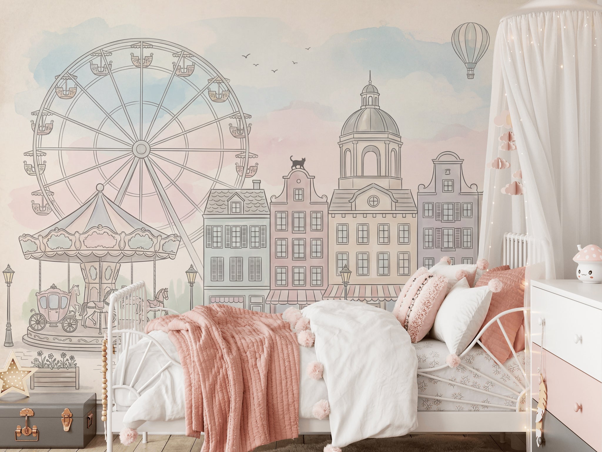 Lunapark Şehir Manzaralı Poster Duvar Kağıdı Pastel Çocuk Odası
