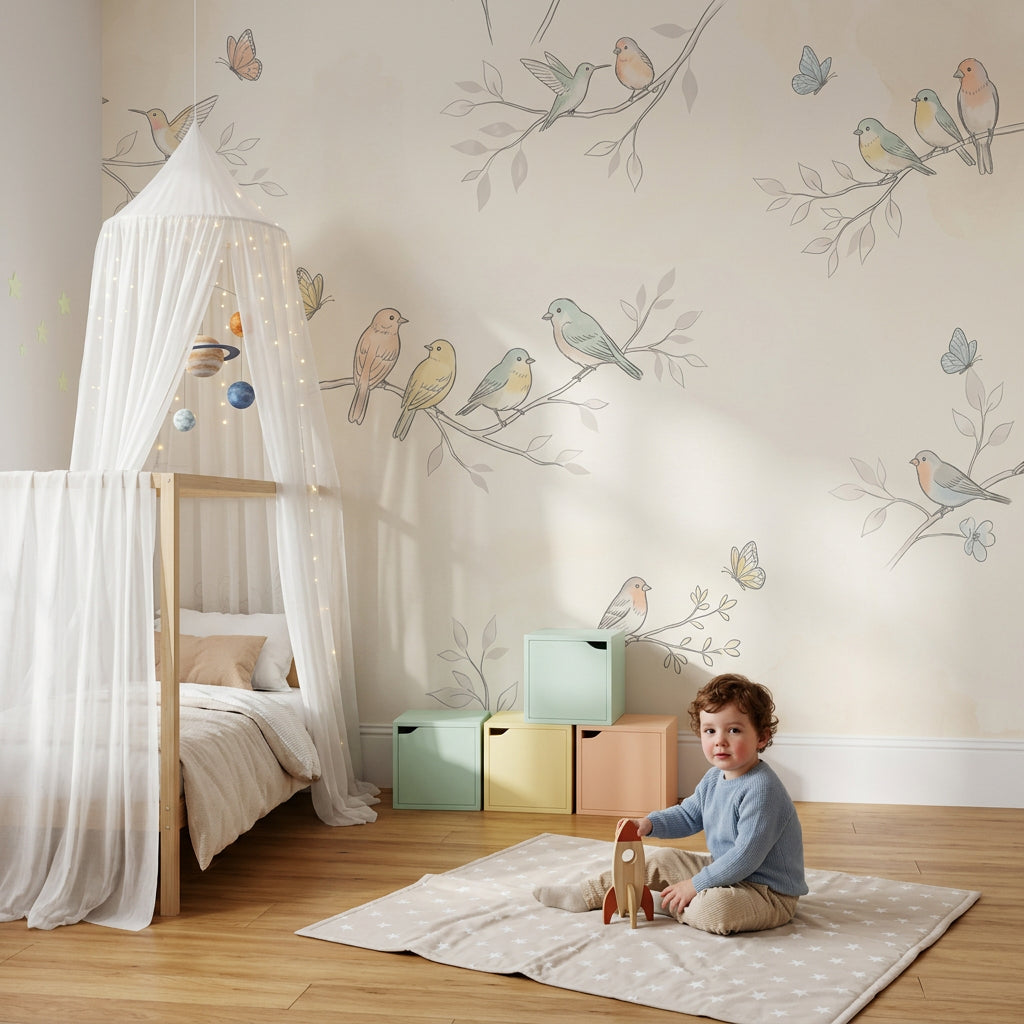 Pastel Kuşlu Poster Duvar Kağıdı Çocuk Odası Dal Desenli