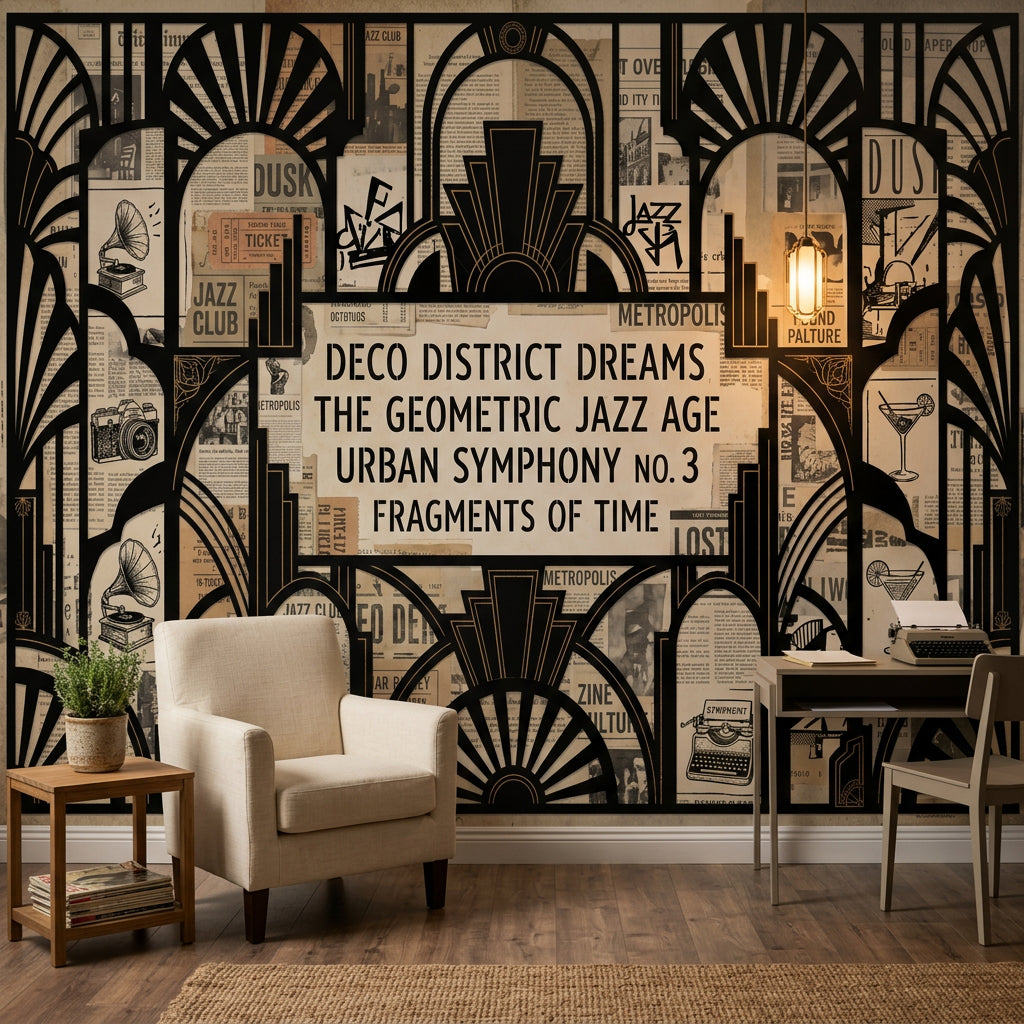 Art Deco Poster Duvar Kağıdı Siyah Bej Geometrik Salon