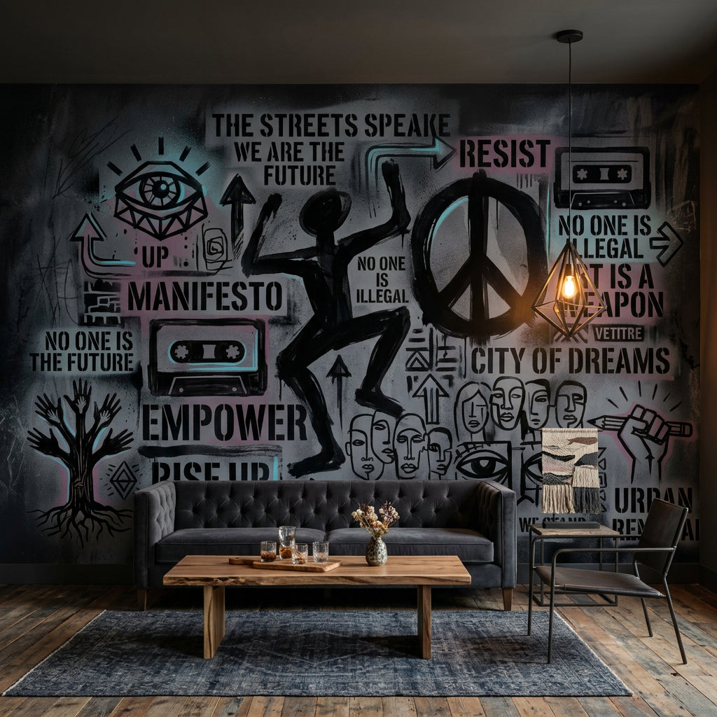 Graffiti Yazılı Poster Duvar Kağıdı Siyah Gri Modern Salon