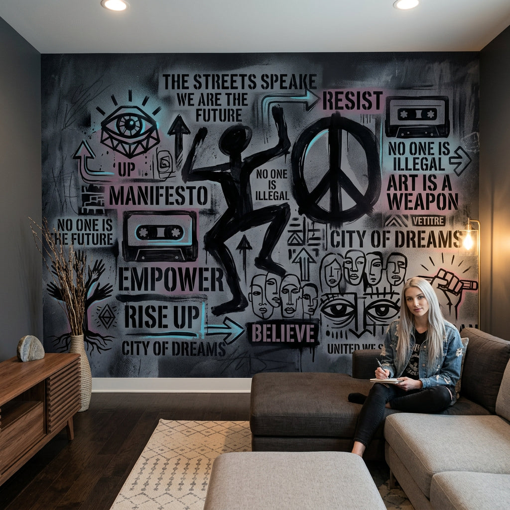 Graffiti Yazılı Poster Duvar Kağıdı Siyah Gri Modern Salon