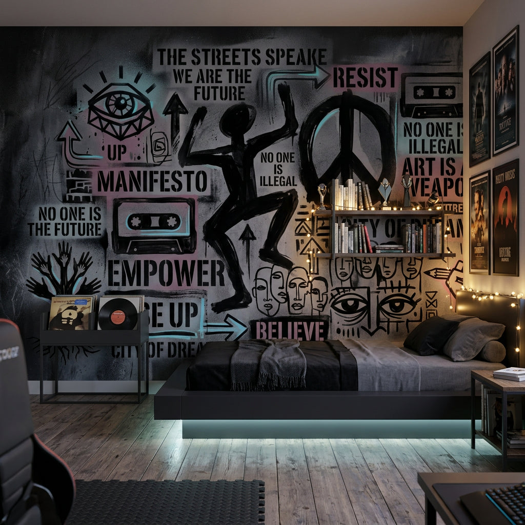 Graffiti Yazılı Poster Duvar Kağıdı Siyah Gri Modern Salon