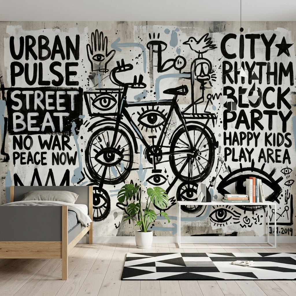Grafiti Bisikletli Poster Duvar Kağıdı Siyah Beyaz Genç Odası