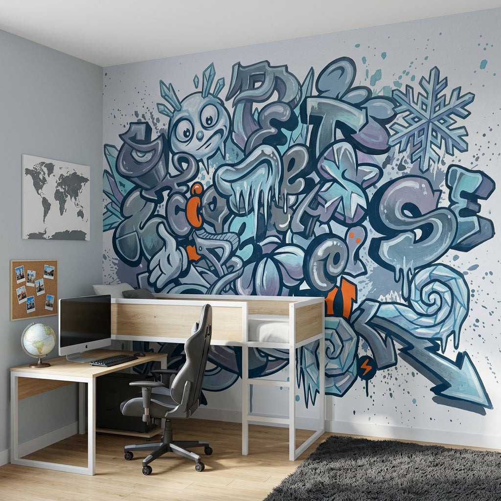 Graffiti Yazı Desenli Poster Duvar Kağıdı Mavi Gri Genç Odası