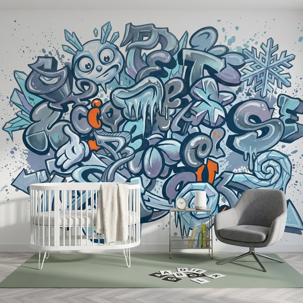 Graffiti Yazı Desenli Poster Duvar Kağıdı Mavi Gri Genç Odası