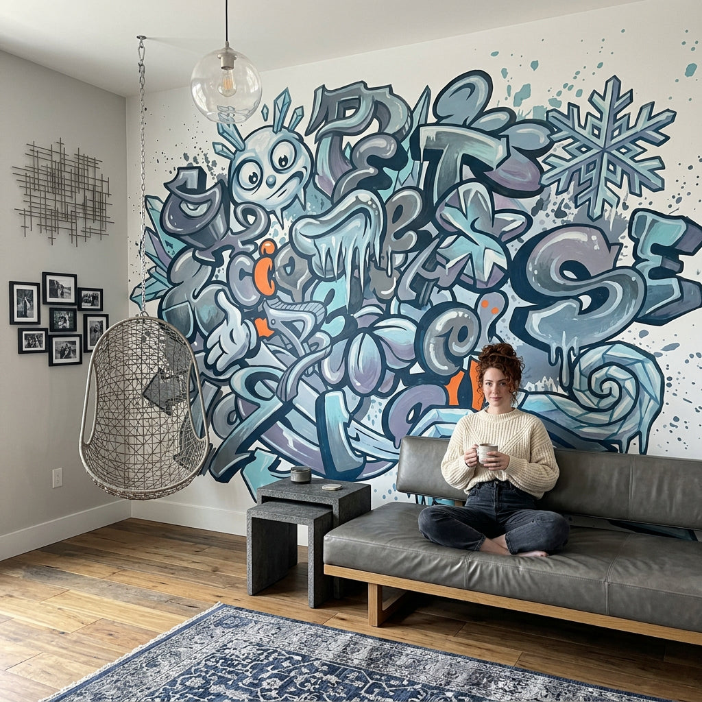 Graffiti Yazı Desenli Poster Duvar Kağıdı Mavi Gri Genç Odası