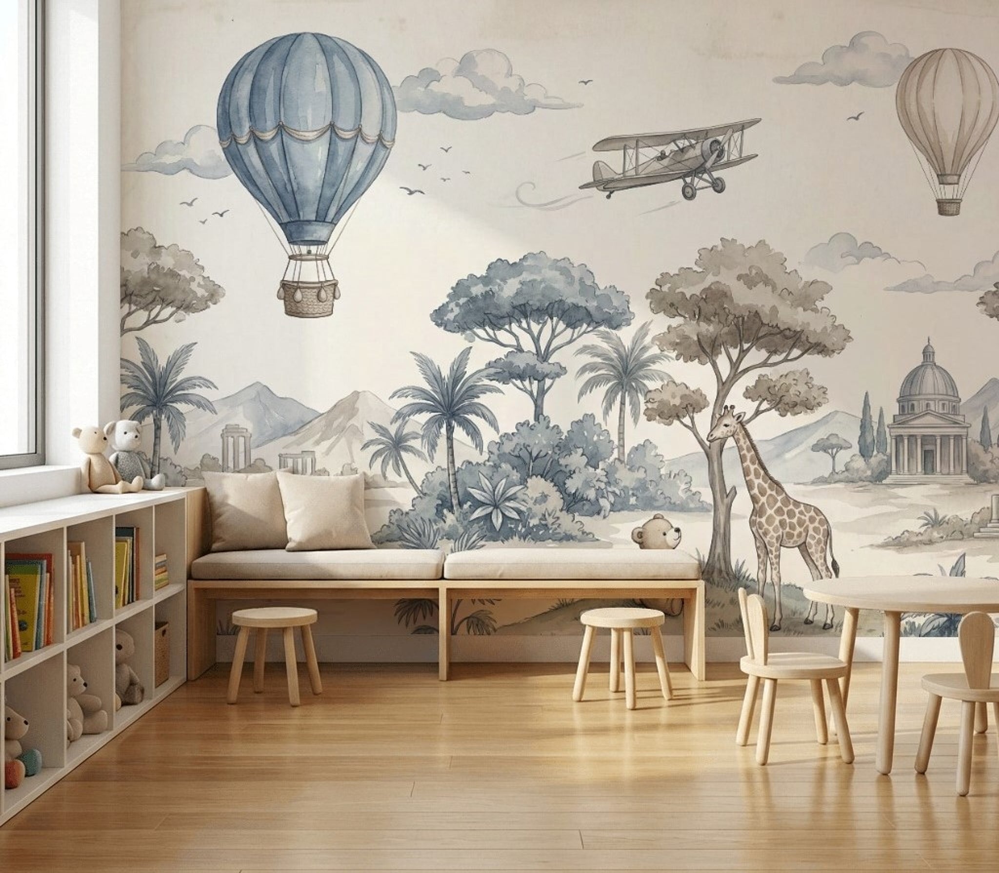 Balon ve Safari Poster Duvar Kağıdı Mavi Bej Çocuk Odası