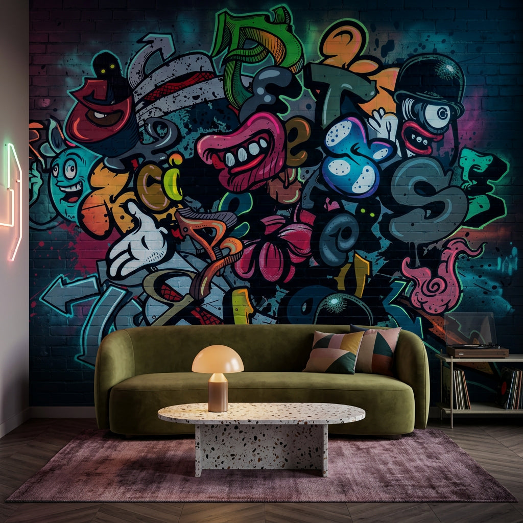 Renkli Grafiti Poster Duvar Kağıdı Tuğla Duvar Görünümlü