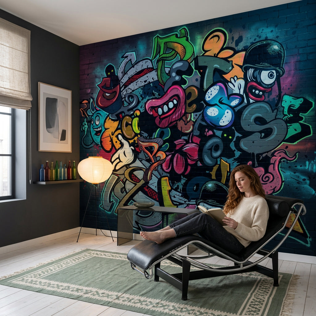 Renkli Grafiti Poster Duvar Kağıdı Tuğla Duvar Görünümlü