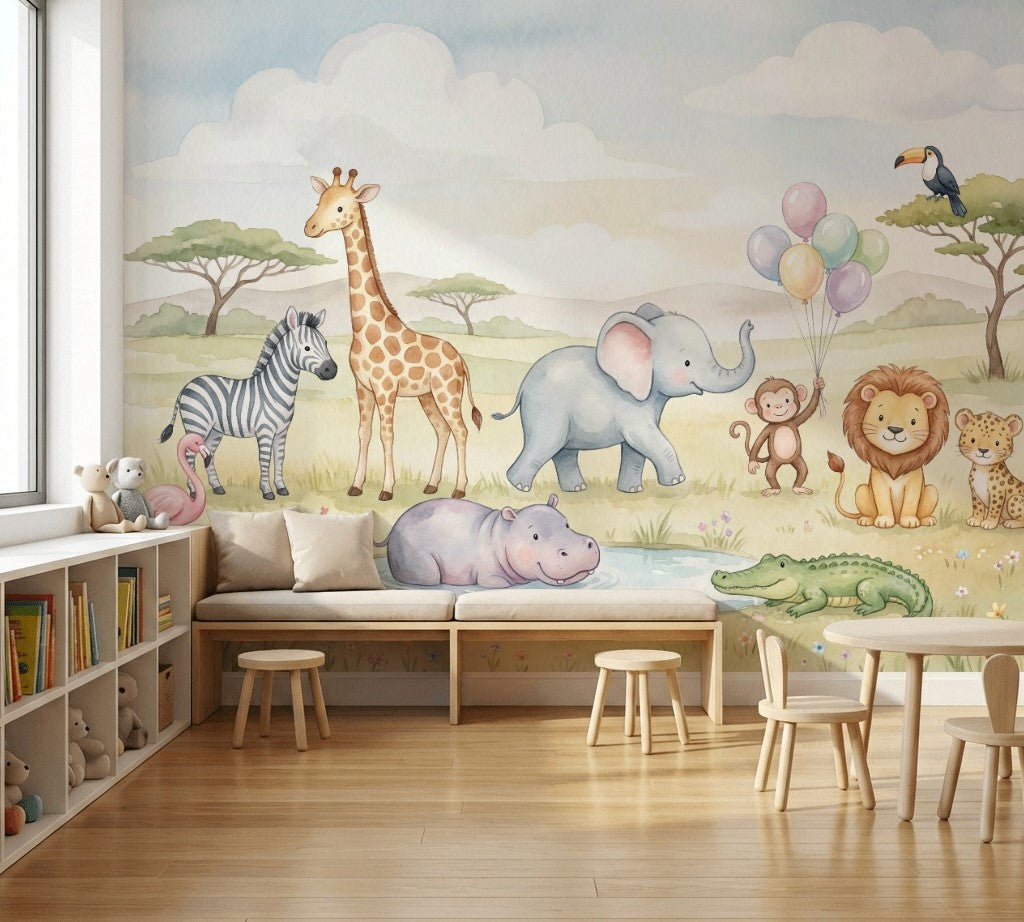 Safari Hayvanlı Poster Duvar Kağıdı Pastel Çocuk Odası Duvar Resmi