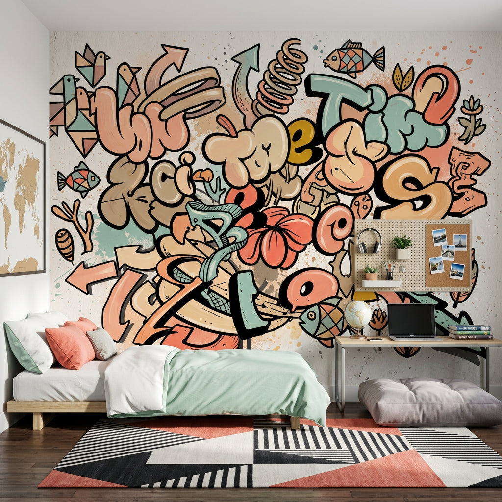 Grafiti Yazı ve Simgeli Poster Duvar Kağıdı Genç Odası