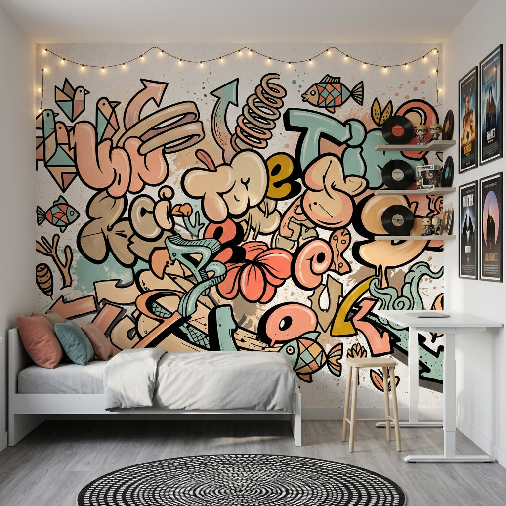 Grafiti Yazı ve Simgeli Poster Duvar Kağıdı Genç Odası