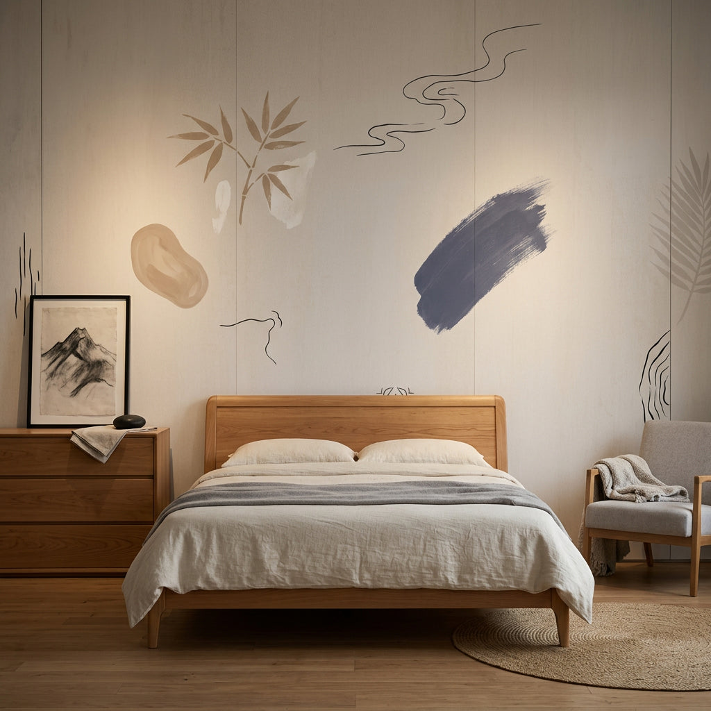 Minimal Soyut Fırça Darbeli Poster Duvar Kağıdı Bej Lacivert