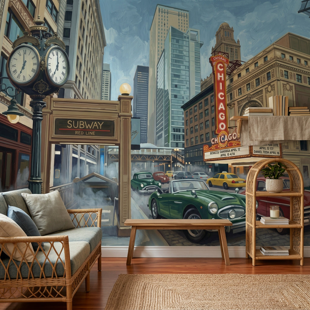 Chicago Şehir Manzaralı Poster Duvar Kağıdı Retro Araba Temalı