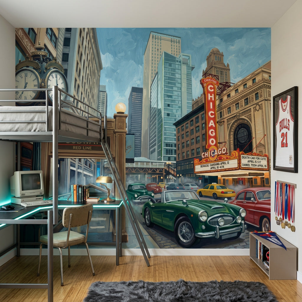 Chicago Şehir Manzaralı Poster Duvar Kağıdı Retro Araba Temalı