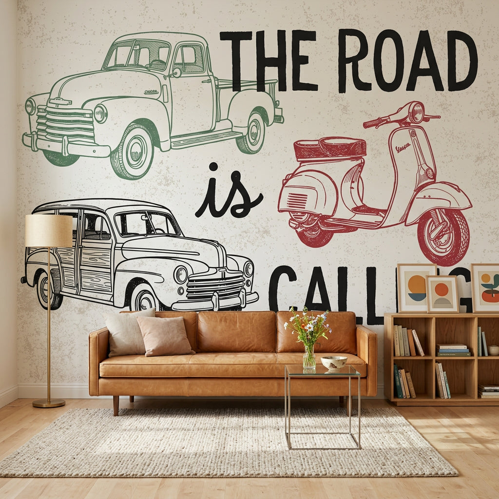 Retro Araç Çizimli Poster Duvar Kağıdı Bej Salon Dekoru