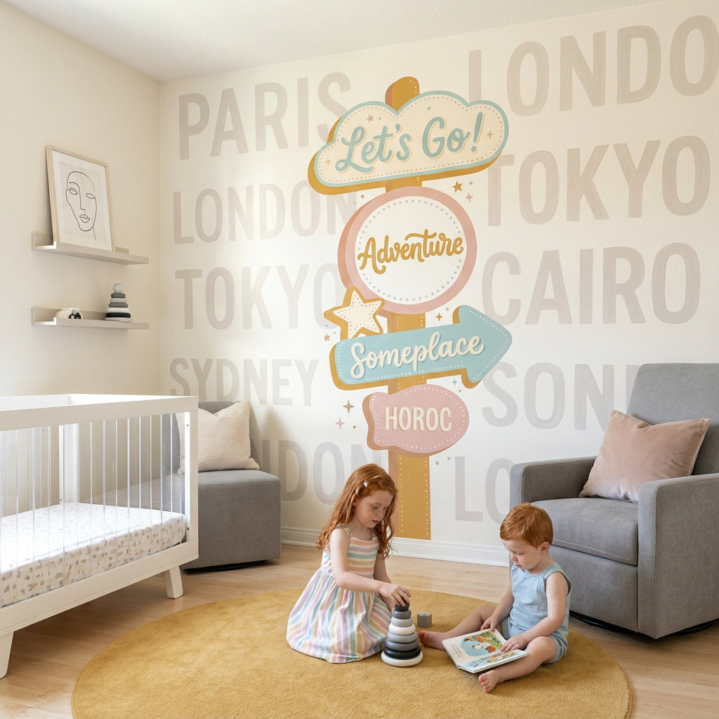 Seyahat Temalı Poster Duvar Kağıdı Pastel Yön Tabelalı Çocuk Odası