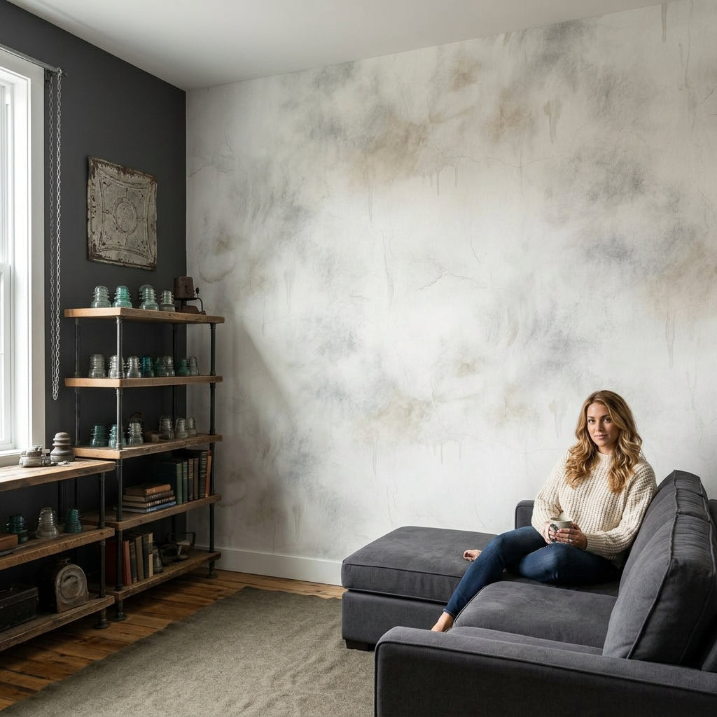Beton Görünümlü Poster Duvar Kağıdı Gri Endüstriyel Salon Duvarı