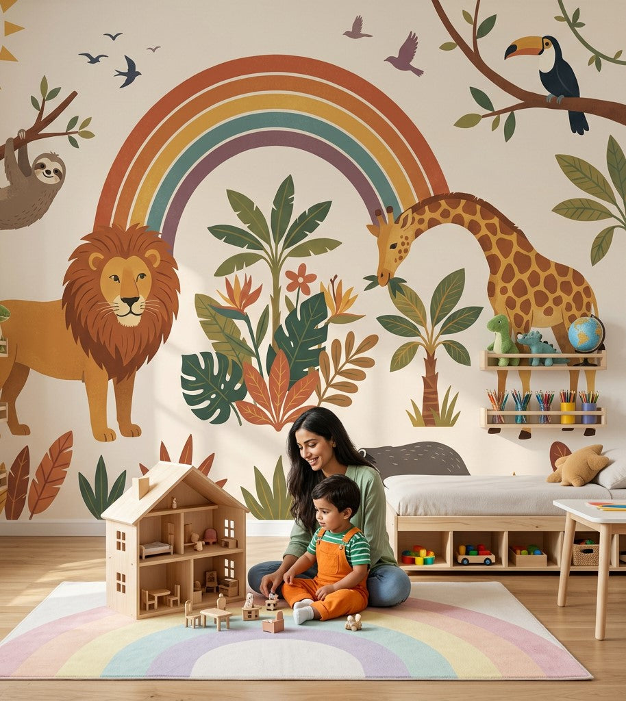 Safari Hayvanlı Poster Duvar Kağıdı Gökkuşağı Desenli Bebek Odası