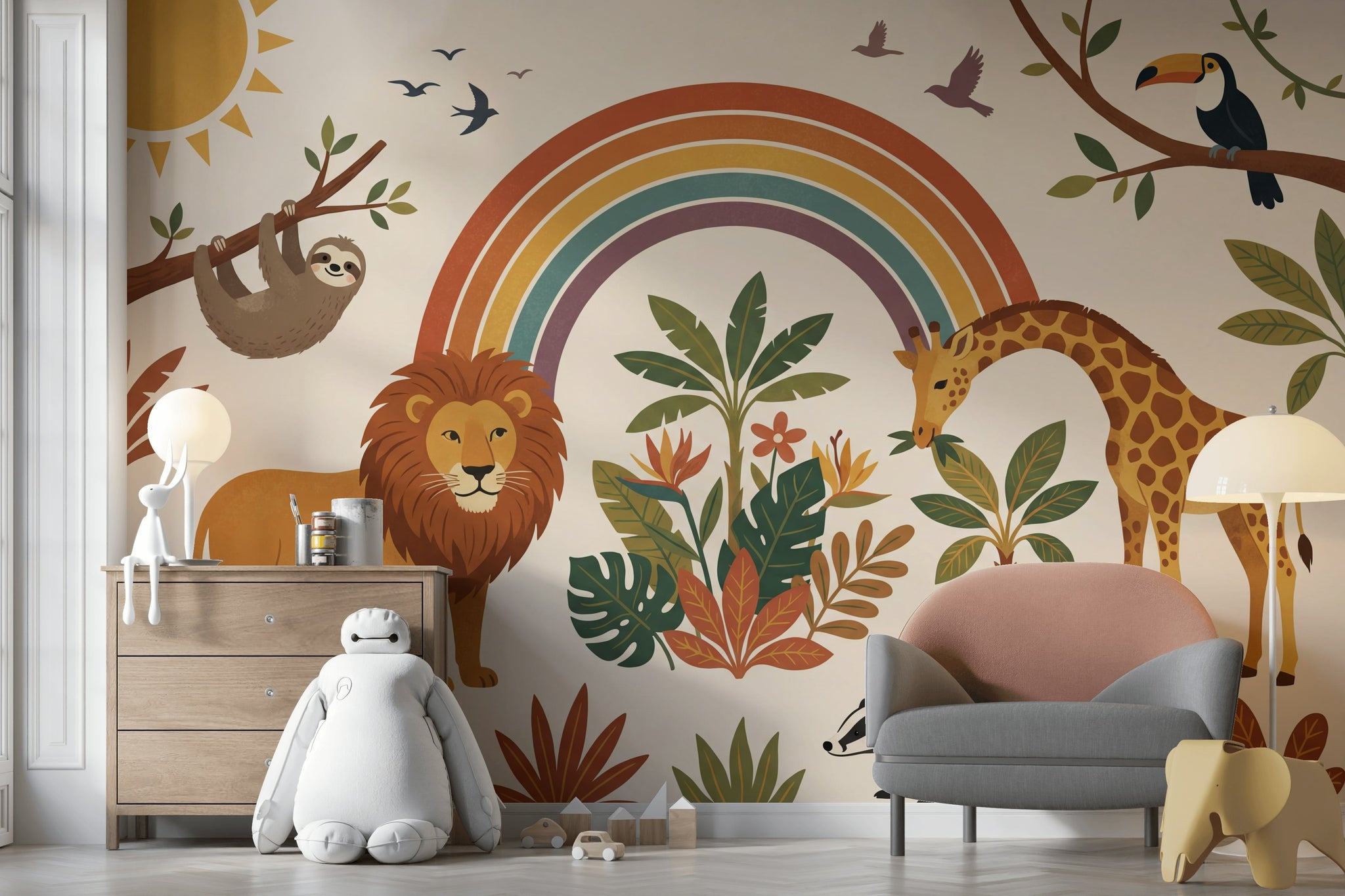 Safari Hayvanlı Poster Duvar Kağıdı Gökkuşağı Desenli Bebek Odası