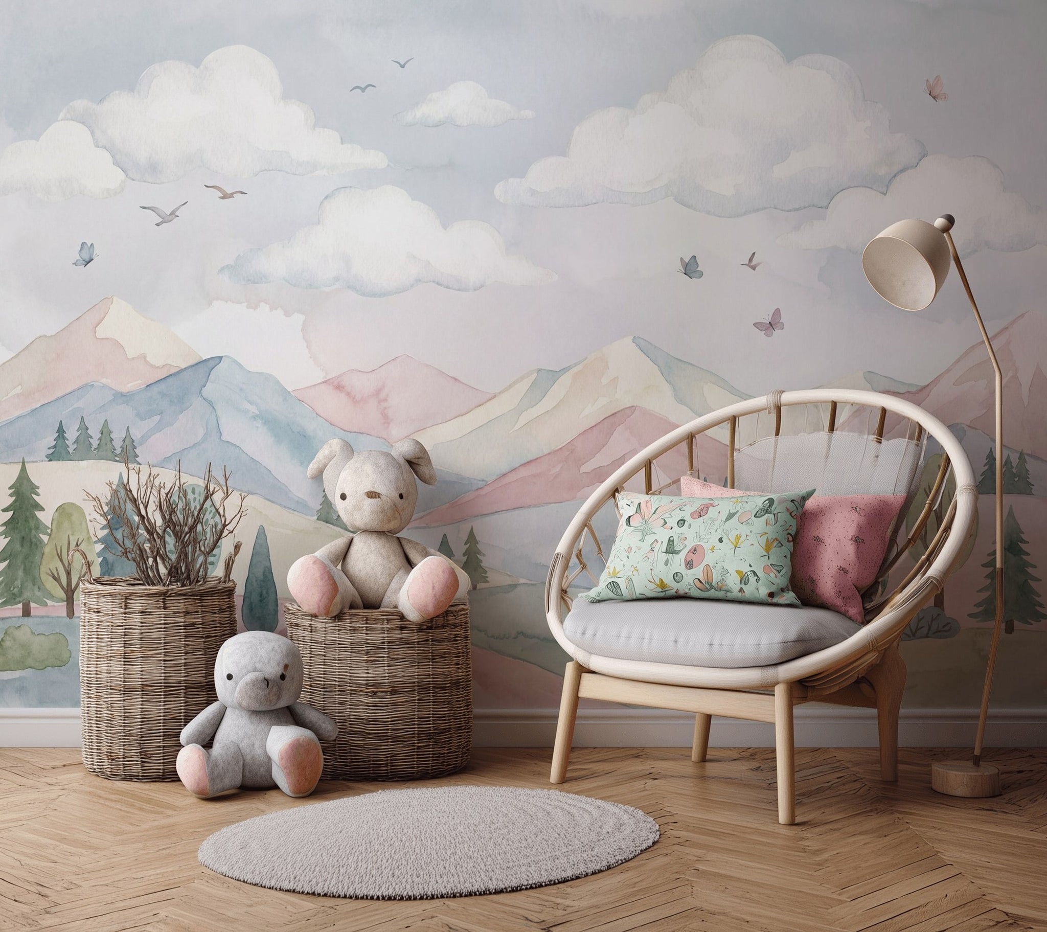 Pastel Dağ ve Bulutlu Poster Duvar Kağıdı Çocuk Odası