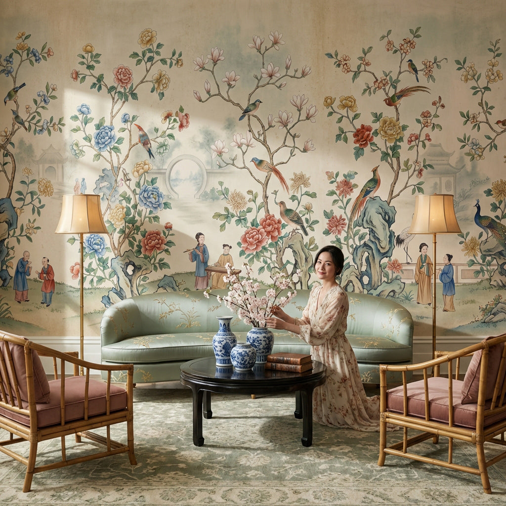 Çiçekli Kuşlu Chinoiserie Poster Duvar Kağıdı Bej Yatak Odası