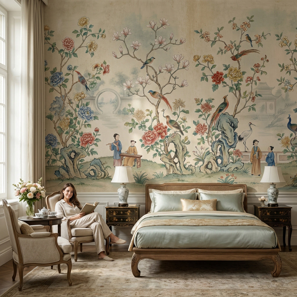 Çiçekli Kuşlu Chinoiserie Poster Duvar Kağıdı Bej Yatak Odası