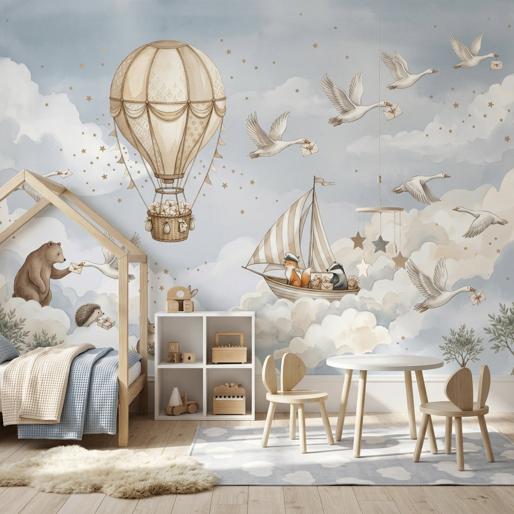 Bulutlu Balon ve Kuşlu Poster Duvar Kağıdı Bebek Odası