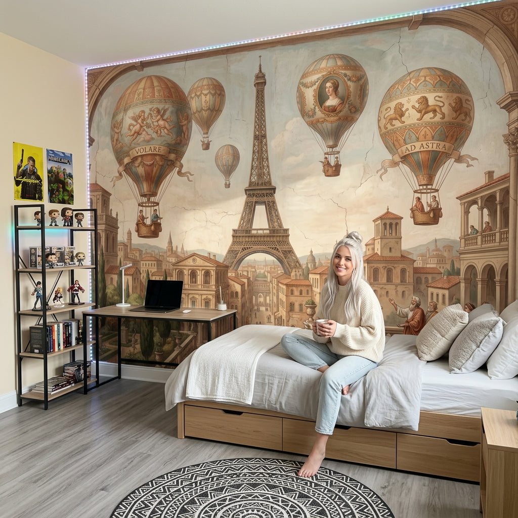 Paris Eyfel Kulesi Sıcak Hava Balonlu Poster Duvar Kağıdı