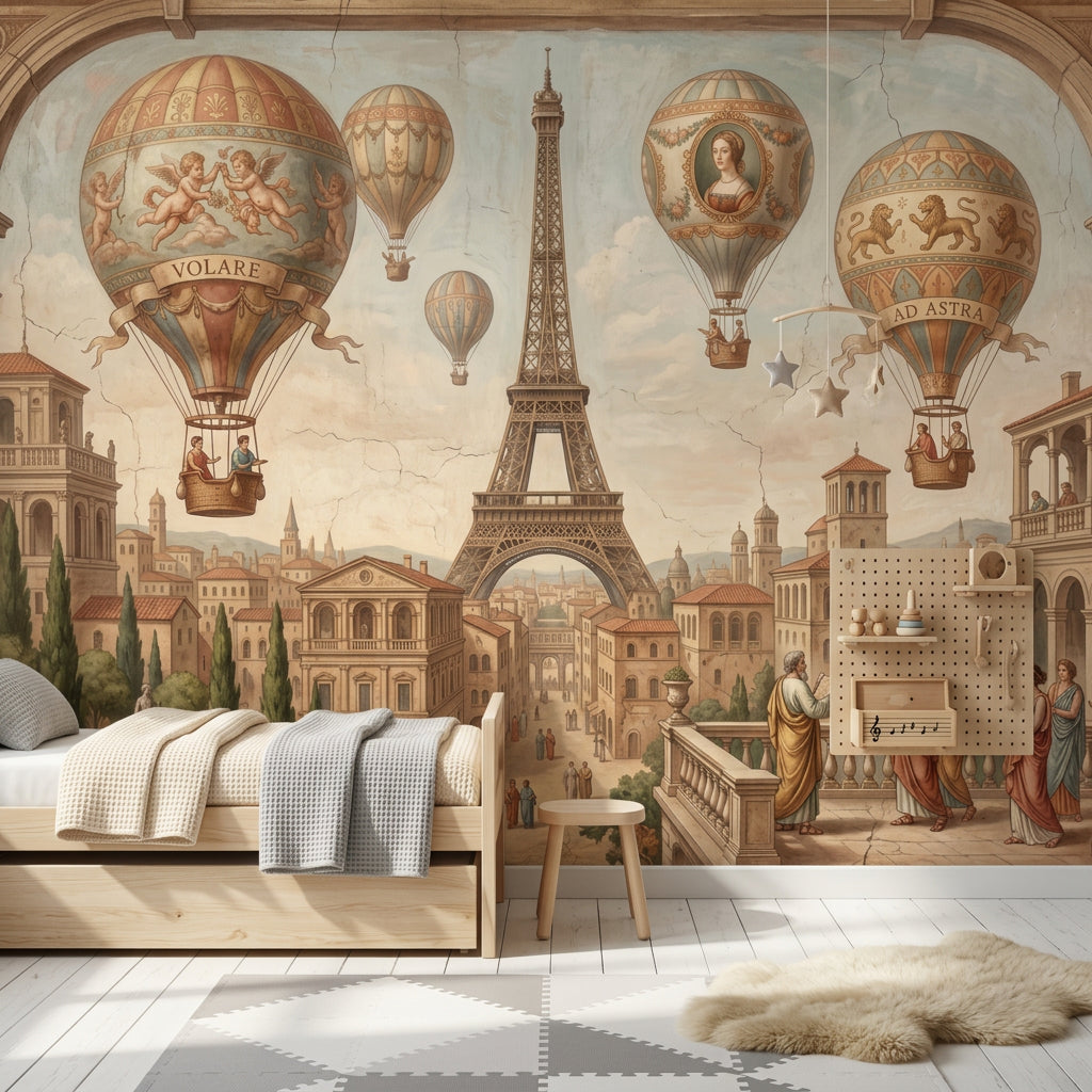 Paris Eyfel Kulesi Sıcak Hava Balonlu Poster Duvar Kağıdı