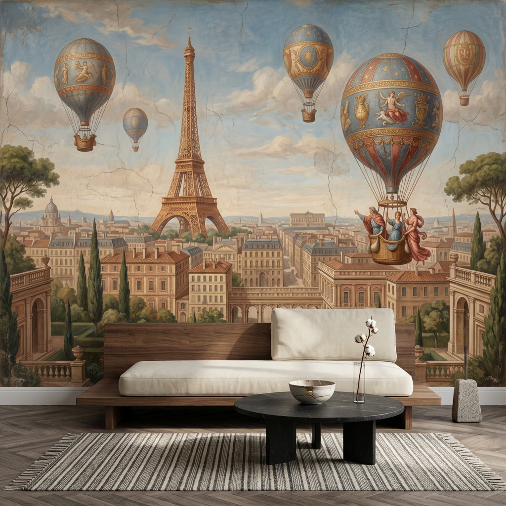 Paris Eyfel Kulesi ve Balonlu Poster Duvar Kağıdı Mavi