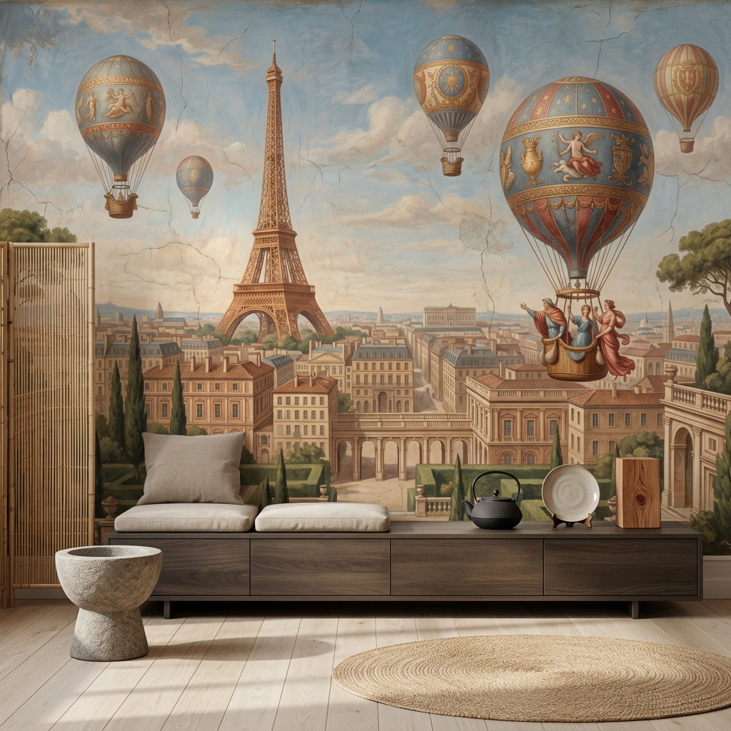 Paris Eyfel Kulesi ve Balonlu Poster Duvar Kağıdı Mavi