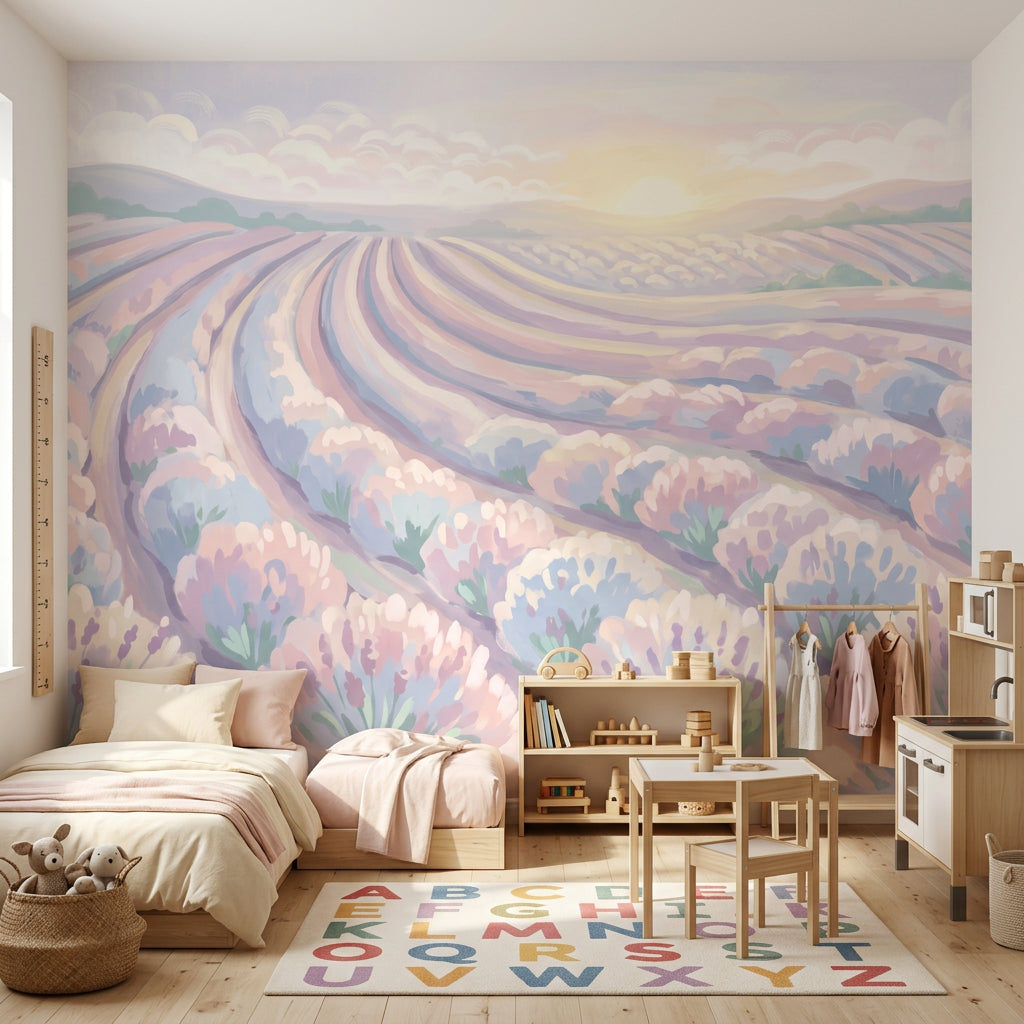Pastel Lavanta Tarlası Poster Duvar Kağıdı Gün Batımı Manzara