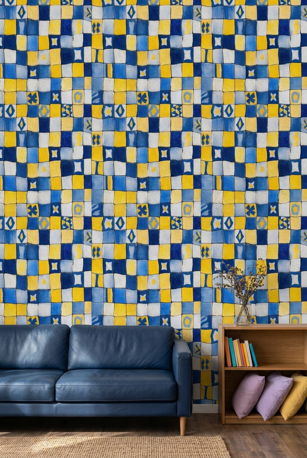 Sarı Lacivert Kareli Duvar Kağıdı Geometrik Salon Deseni