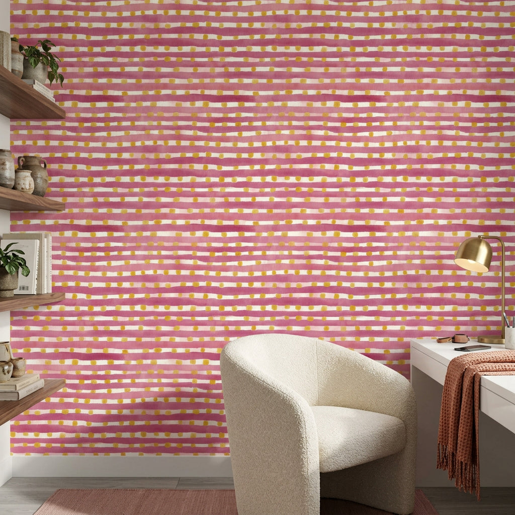 Pembe Çizgili Puantiyeli Duvar Kağıdı Modern Genç Odası