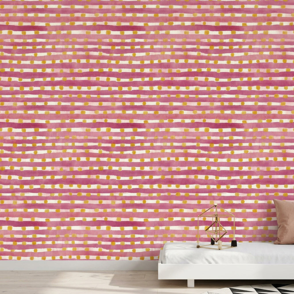 Pembe Çizgili Puantiyeli Duvar Kağıdı Modern Genç Odası