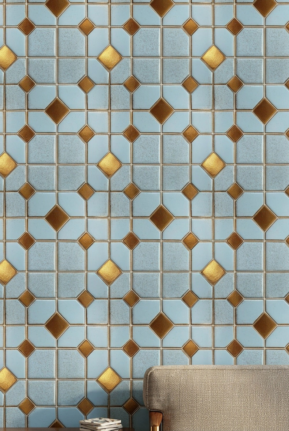 Geometrik Çini Desenli Duvar Kağıdı Mavi Sarı Salon