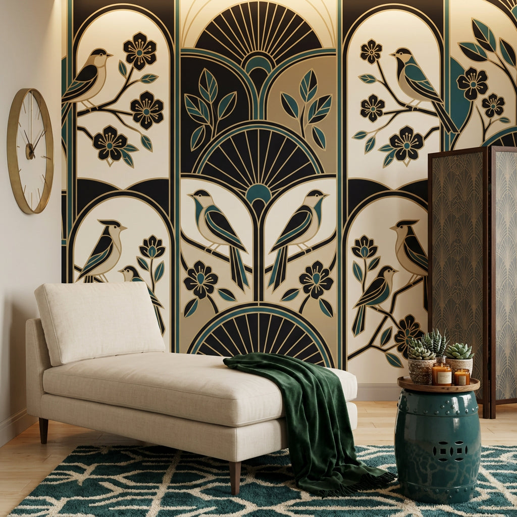 Art Deco Kuşlu Poster Duvar Kağıdı Lacivert Bej Salon