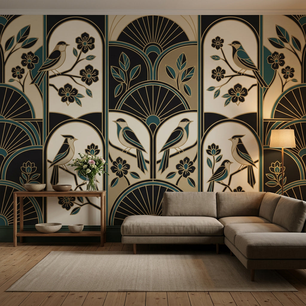 Art Deco Kuşlu Poster Duvar Kağıdı Lacivert Bej Salon
