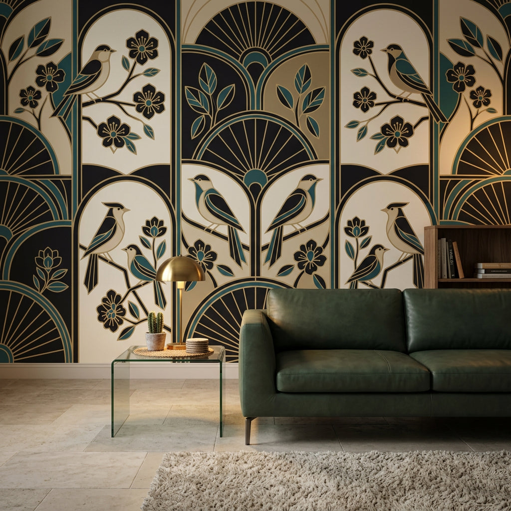 Art Deco Kuşlu Poster Duvar Kağıdı Lacivert Bej Salon