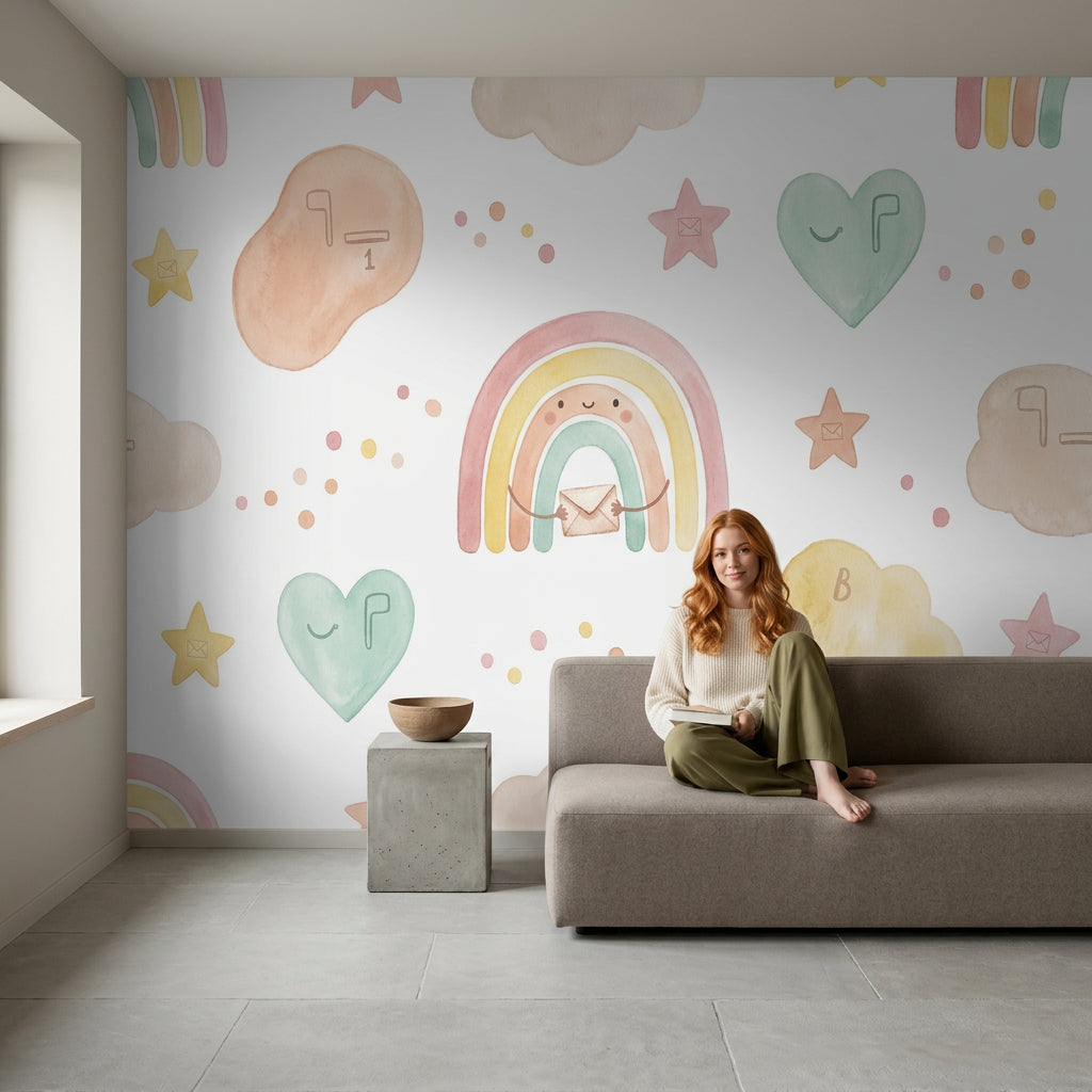 Pastel Gökkuşağı Poster Duvar Kağıdı Çocuk Odası Bulut Yıldızlı