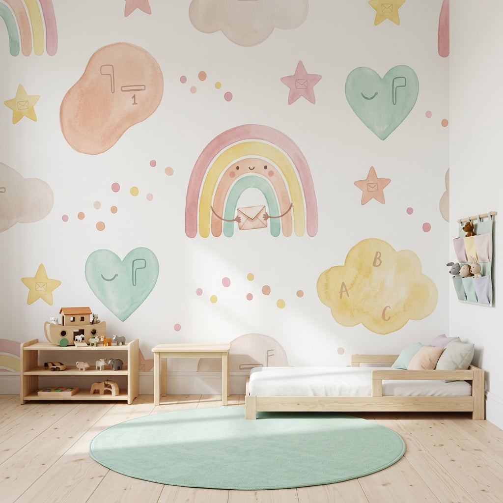 Pastel Gökkuşağı Poster Duvar Kağıdı Çocuk Odası Bulut Yıldızlı