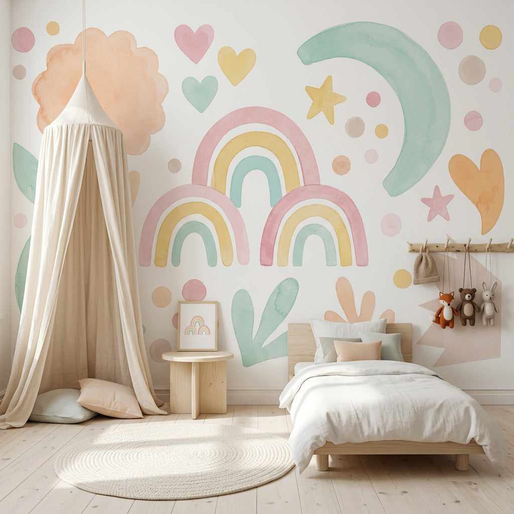 Pastel Gökkuşağı Poster Duvar Kağıdı Çocuk Odası Bulut Ay Yıldız